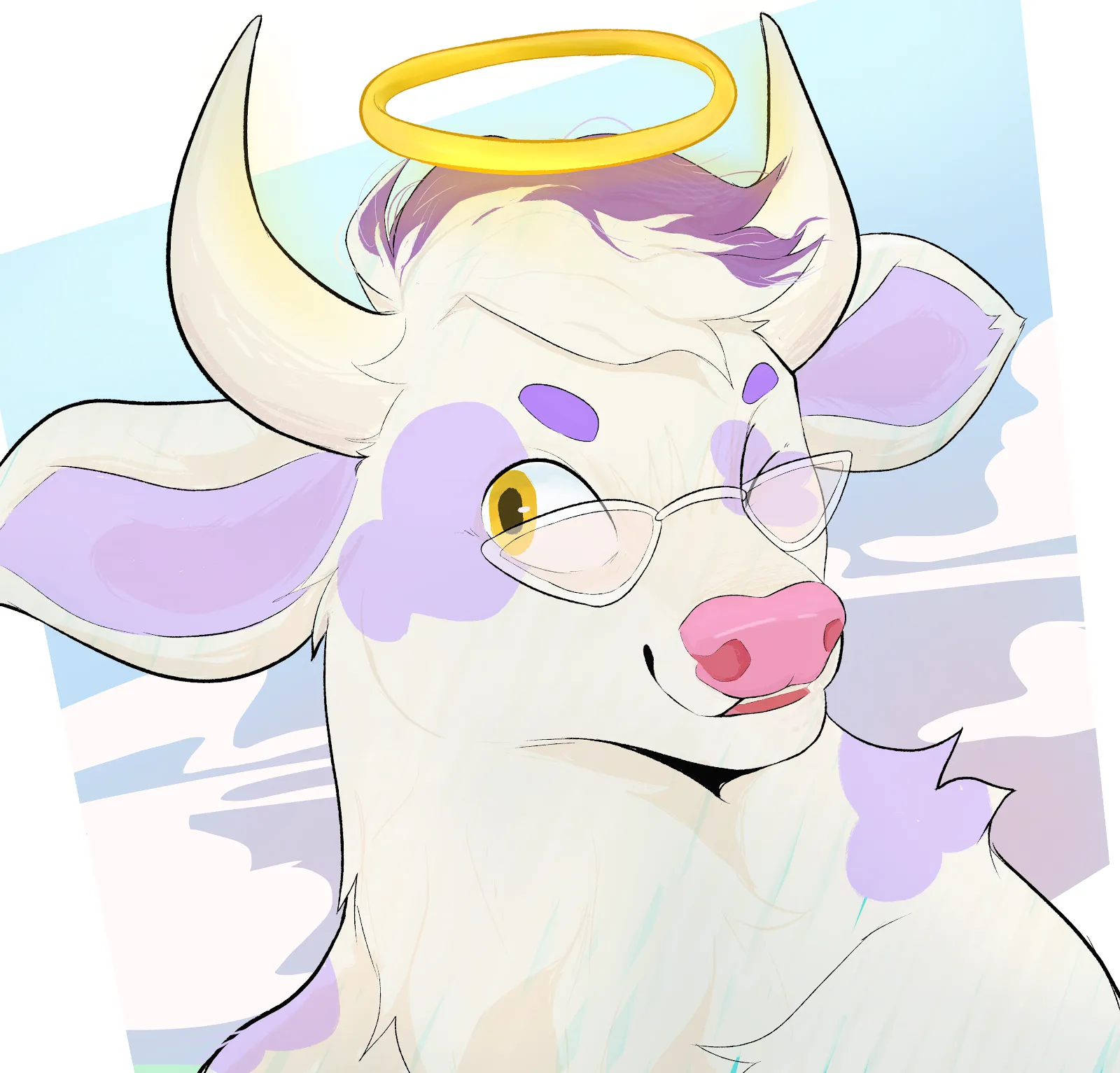 Profile. Anthro cow with white fur and lavender spots. Halo above head. Bust shot.